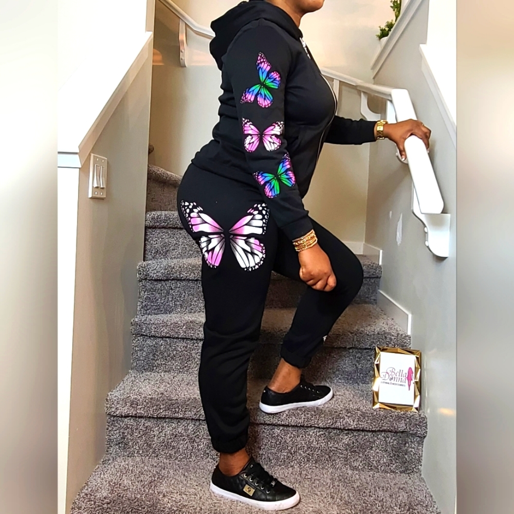 Black Butterfly Print 2pcs Hoodie & Jogger Set